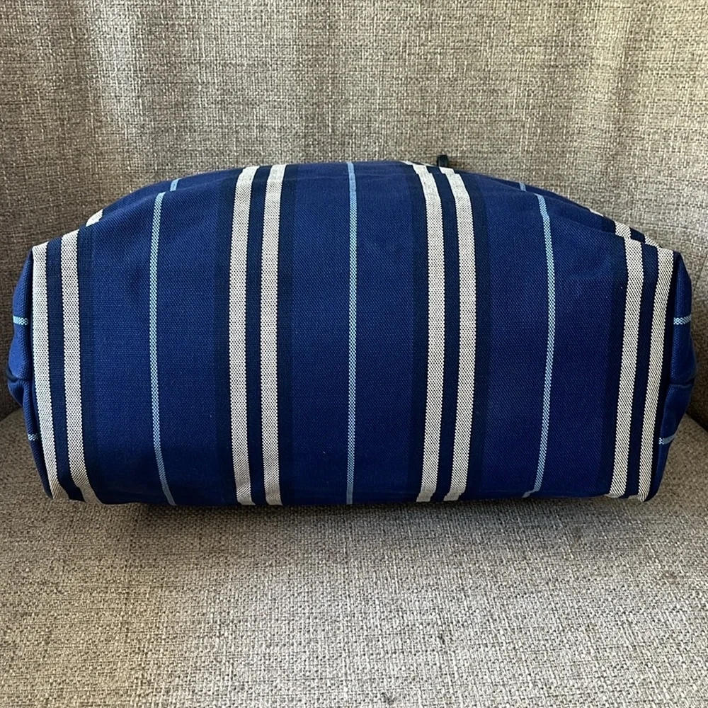 Burberry Navy Blue Striped Tote with Black Leather Pocket - Picture 4 of 12